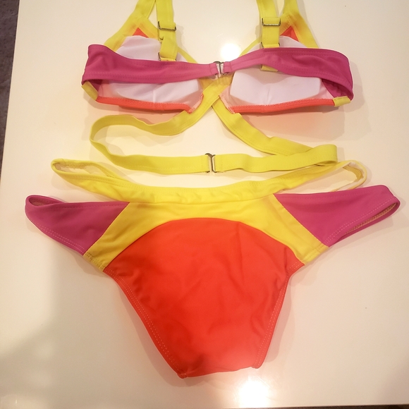 NWOT Vibrant Colorful Bikini Set (Neon Orange, Neon Yellow & Pink- Large) - Picture 2 of 2